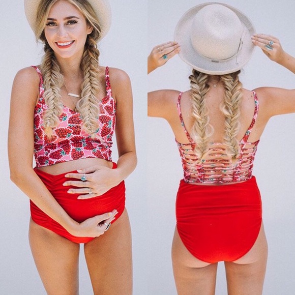 NEW Maternity Red Berry Print Ruched Caged Back High Waisted 2 Piece Swimsuit - Picture 3 of 6